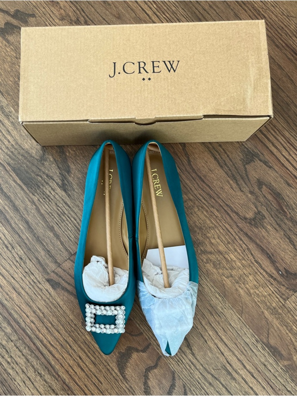 J. Crew Teal Satin Pointed Flats with Pearl-Embellished Buckle